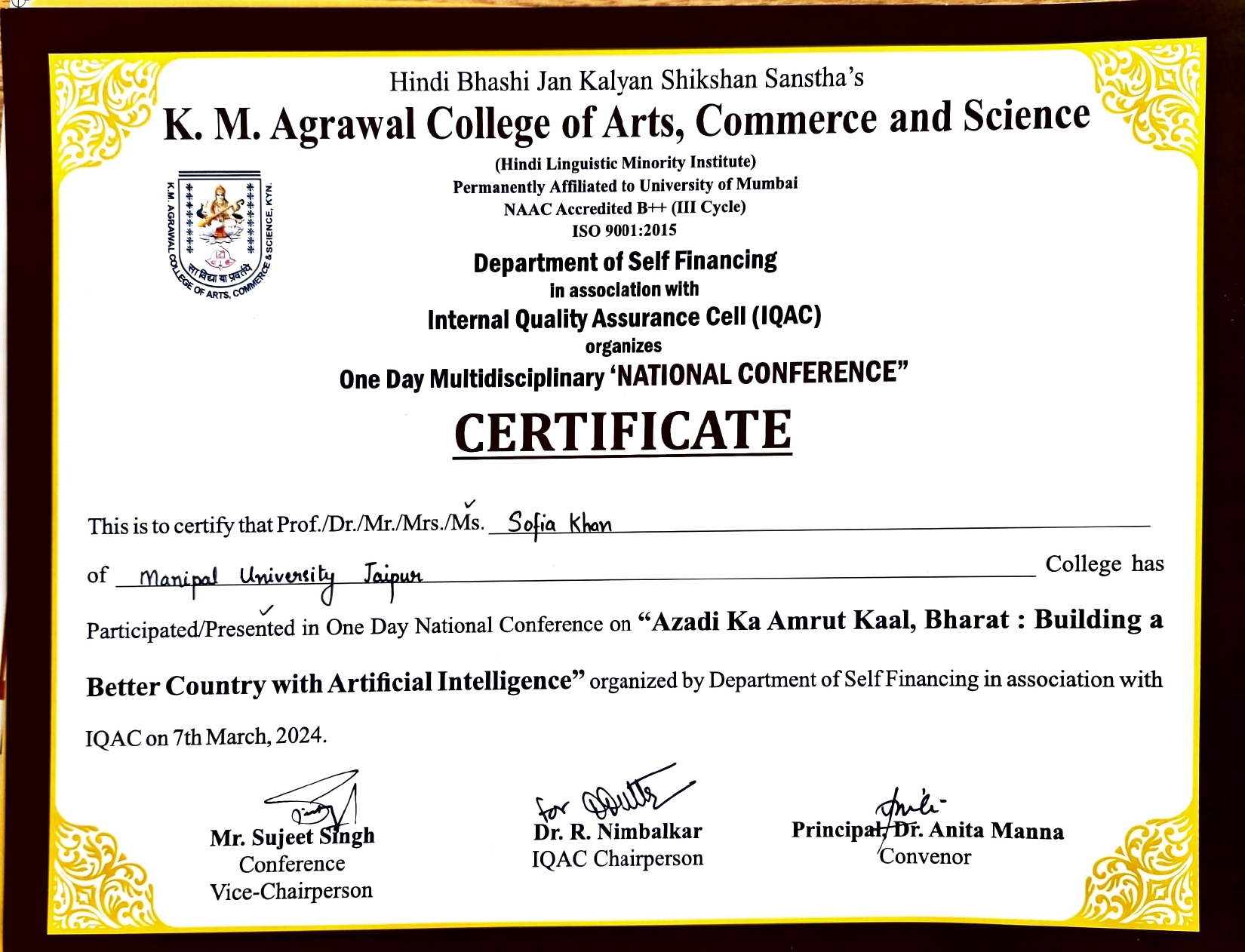 Certificate for National Conference on Azadi Ka Amrut Kaal: Building a Better Country with Artificial Intelligence in Mar 2024